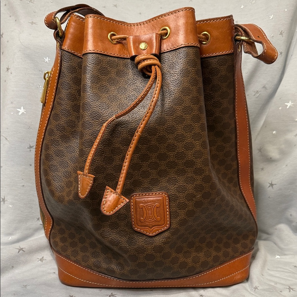 Celine Macadam Vintage Brown Drawstring Bucket Shoulder Bag